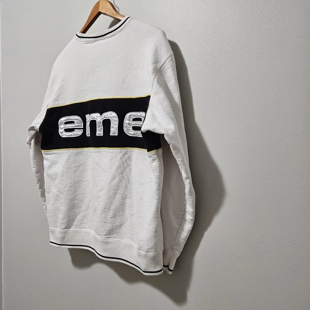 Supreme White Crewneck Sweatshirt with Black and Yellow Stripe